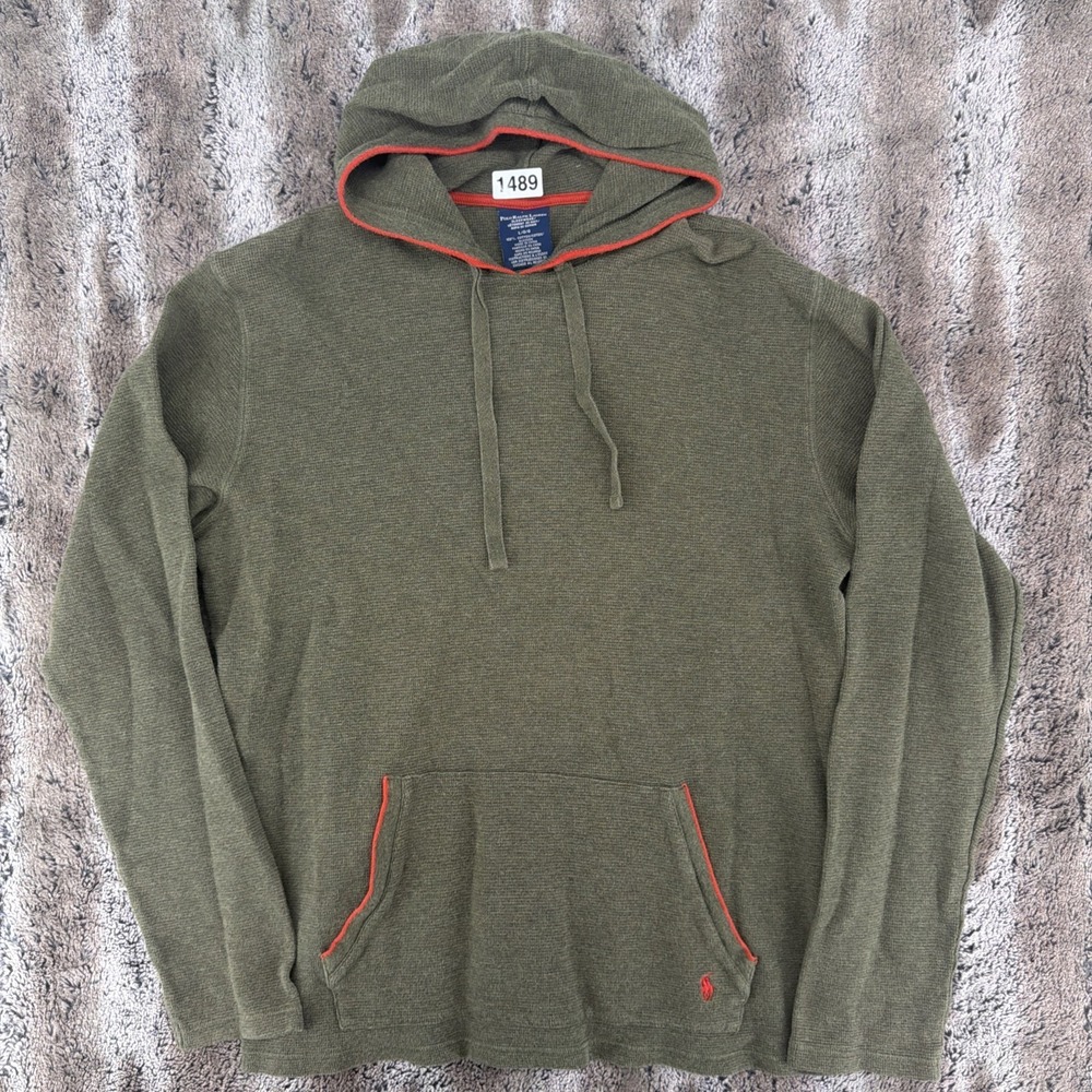 Polo Ralph Lauren Mens Green  Waffle Knit Thermal Hoodie Large Pony Logo Lounge